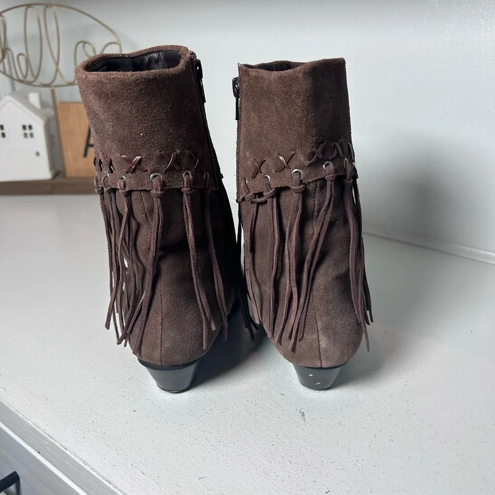 Oak Tree Farms Brown Suede Fringe Ankle Boots Women’s 8.5 Western Boho Side Zip